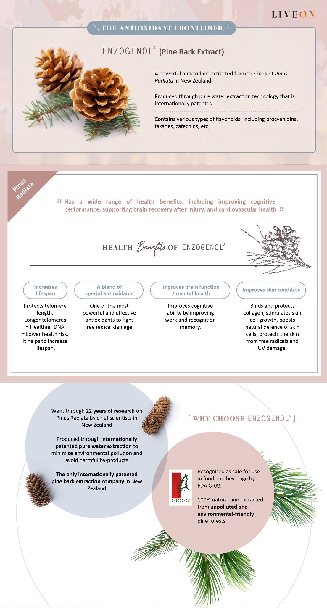 LIVEON- SOD extramel pine bark extract - a powerful antioxidant extracted from bark of pinus radiata in new zealand  